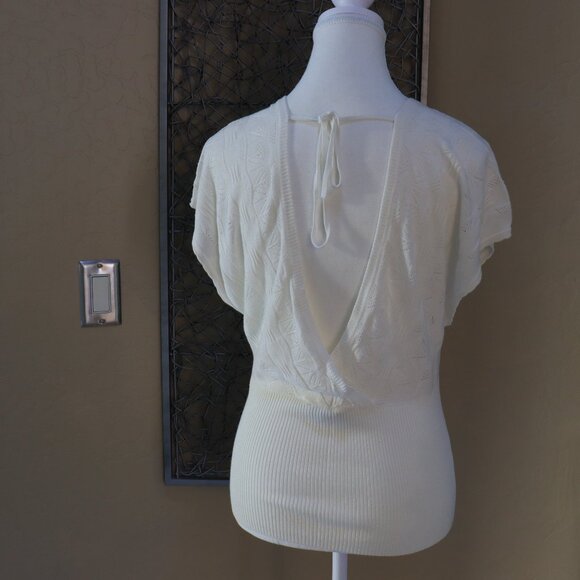 White House Black Market, White Knit Dolman Top with Banded Waist. - Picture 4 of 5